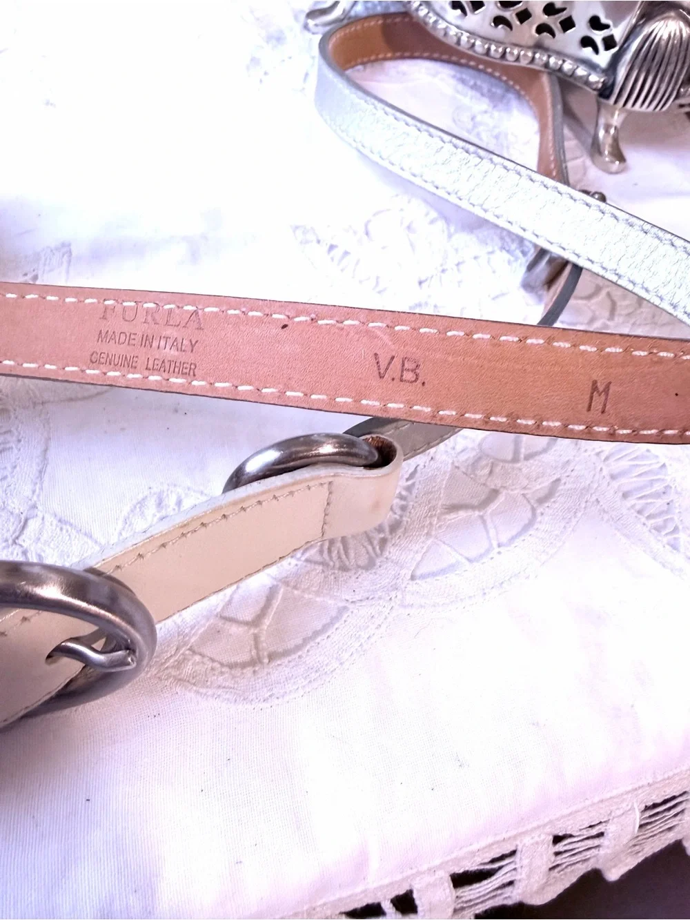 Furla white beige silver slim leather belt M